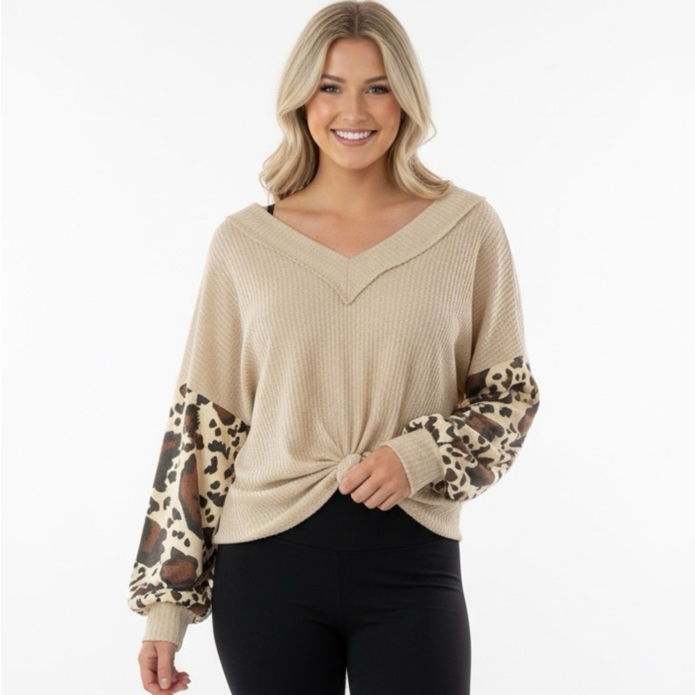 Bibi leopard print camouflage waffle knit top size large